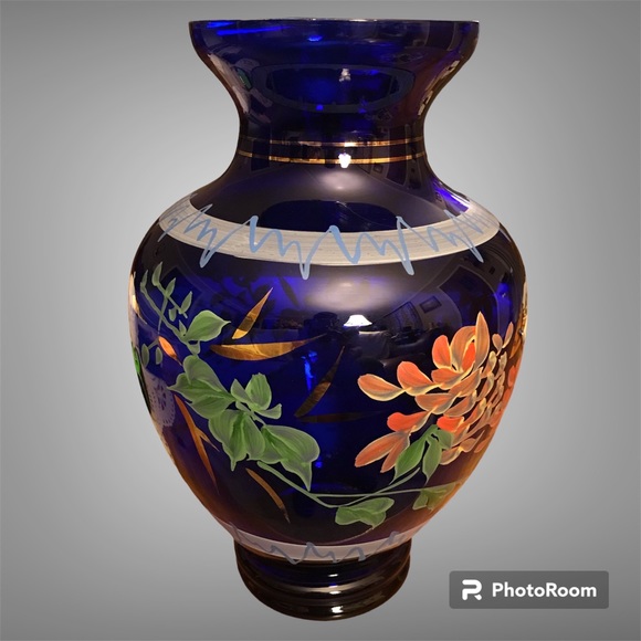 Vintage Hand-Painted Cobalt Blue Glass Large 10 1/2” Vase￼ - Picture 3 of 8